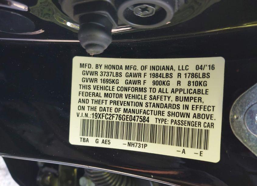 Photo 9 of 2016 Honda Civic EX (VIN 19XFC2F76GE047584)