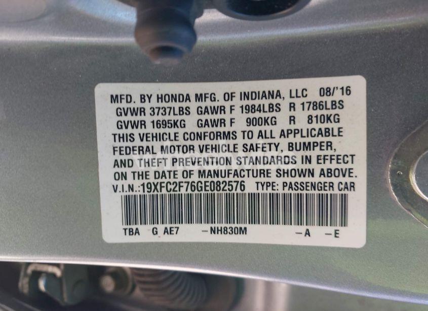 Photo 9 of 2016 Honda Civic EX (VIN 19XFC2F76GE082576)