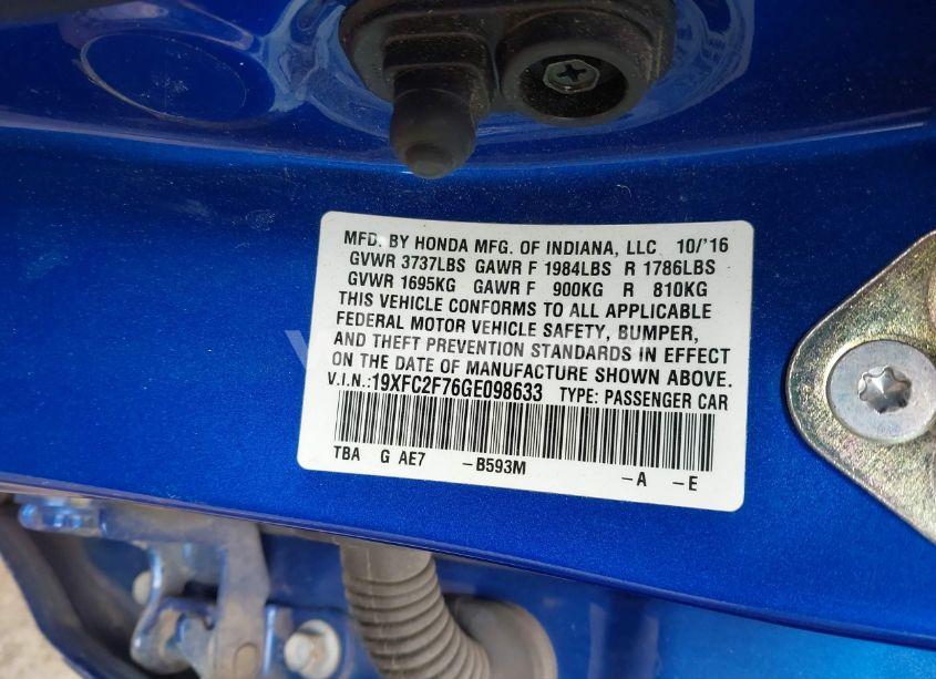 Photo 9 of 2016 Honda Civic EX (VIN 19XFC2F76GE098633)