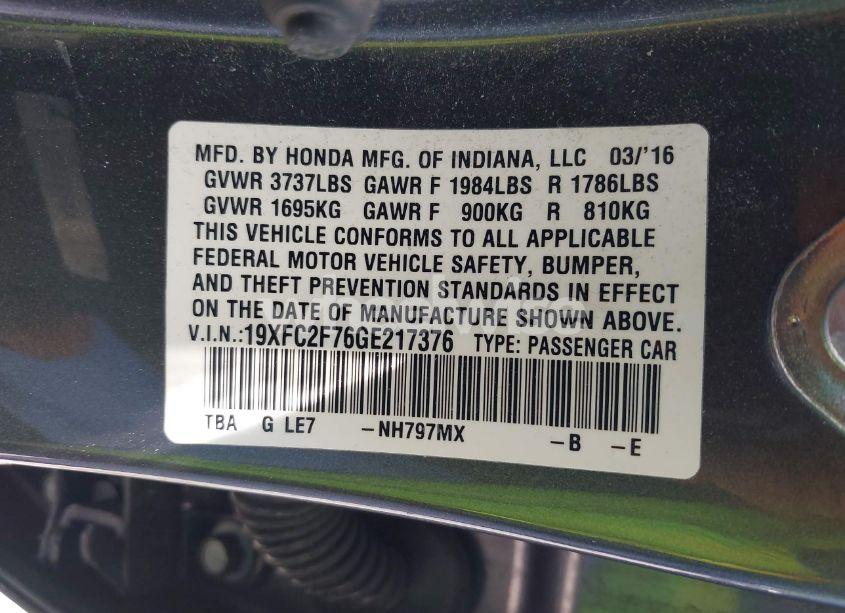 Photo 9 of 2016 Honda Civic EX (VIN 19XFC2F76GE217376)