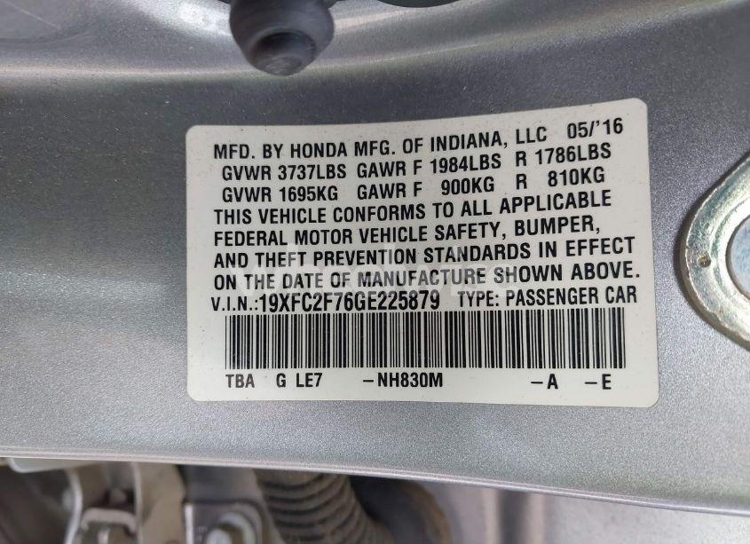 Photo 9 of 2016 Honda Civic EX (VIN 19XFC2F76GE225879)