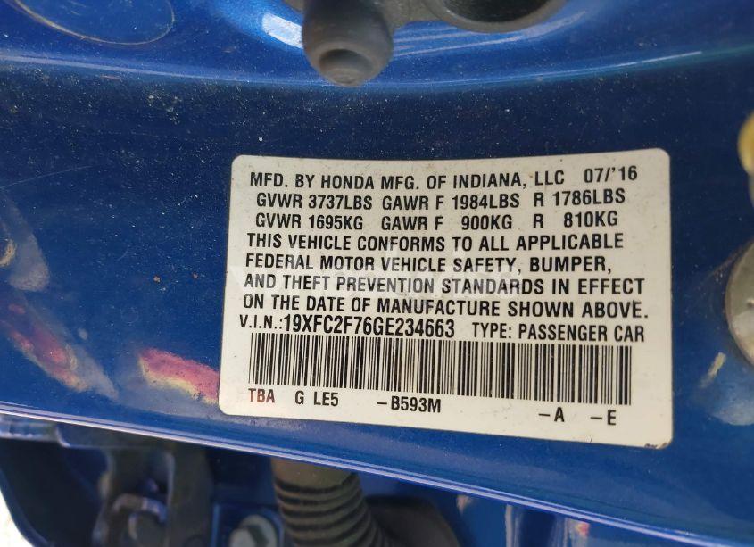 Photo 9 of 2016 Honda Civic EX (VIN 19XFC2F76GE234663)
