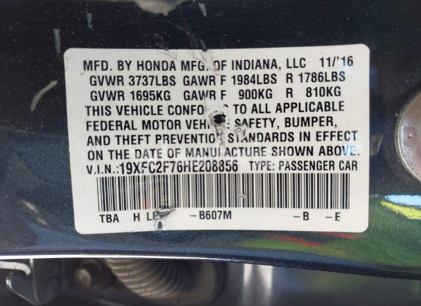 Photo 9 of 2017 Honda Civic EX (VIN 19XFC2F76HE208856)