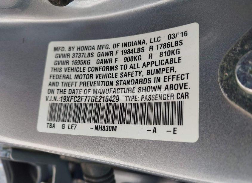 Photo 9 of 2016 Honda Civic EX (VIN 19XFC2F77GE216429)