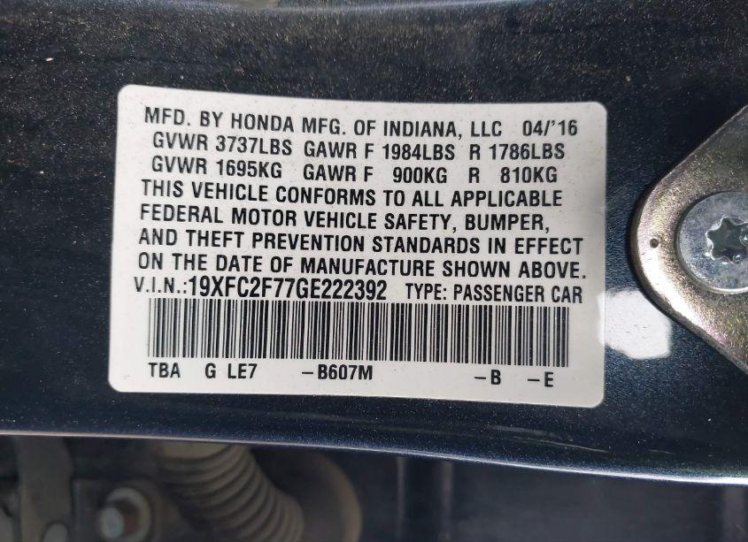 Photo 9 of 2016 Honda Civic EX (VIN 19XFC2F77GE222392)