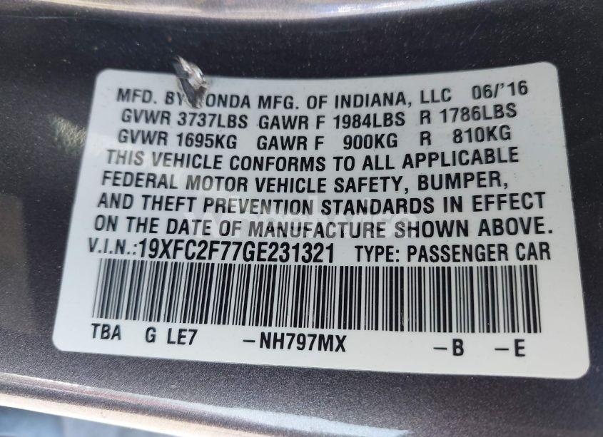 Photo 9 of 2016 Honda Civic EX (VIN 19XFC2F77GE231321)