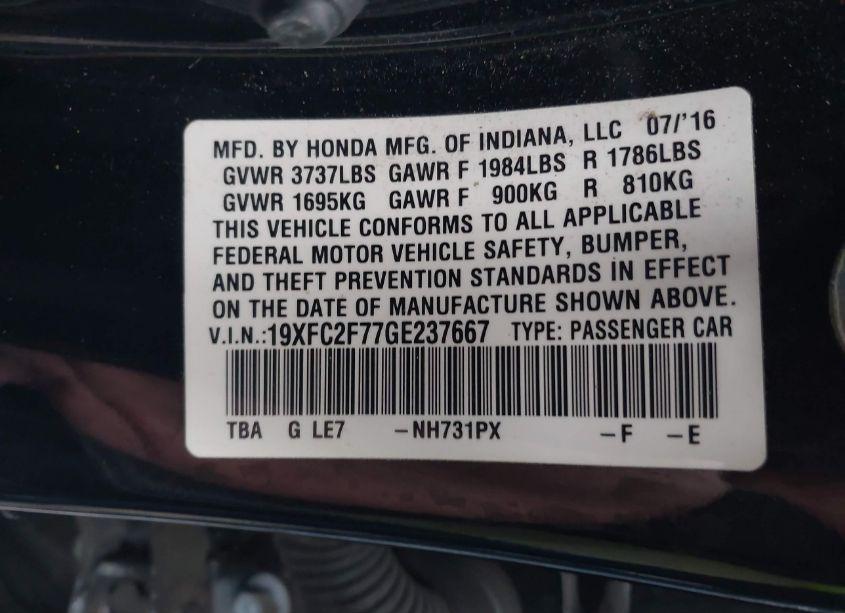 Photo 9 of 2016 Honda Civic EX (VIN 19XFC2F77GE237667)