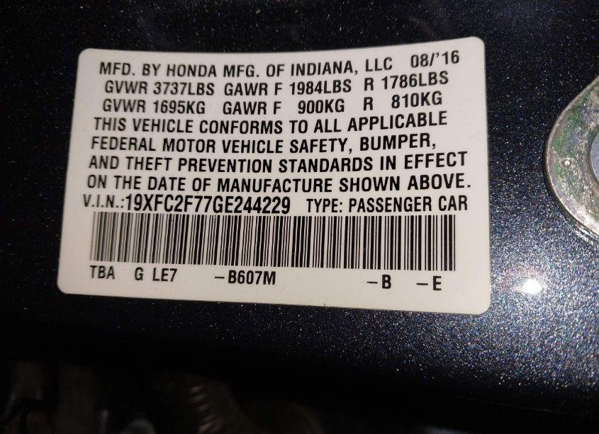 Photo 9 of 2016 Honda Civic EX (VIN 19XFC2F77GE244229)
