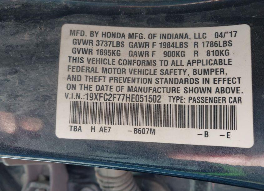 Photo 9 of 2017 Honda Civic EX (VIN 19XFC2F77HE051502)