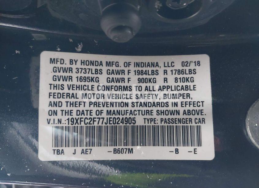 Photo 9 of 2018 Honda Civic EX (VIN 19XFC2F77JE024905)