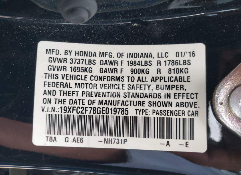 Photo 9 of 2016 Honda Civic EX (VIN 19XFC2F78GE019785)