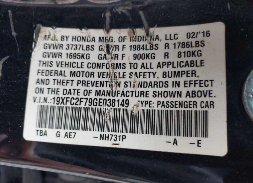 Photo 9 of 2016 Honda Civic EX (VIN 19XFC2F79GE038149)