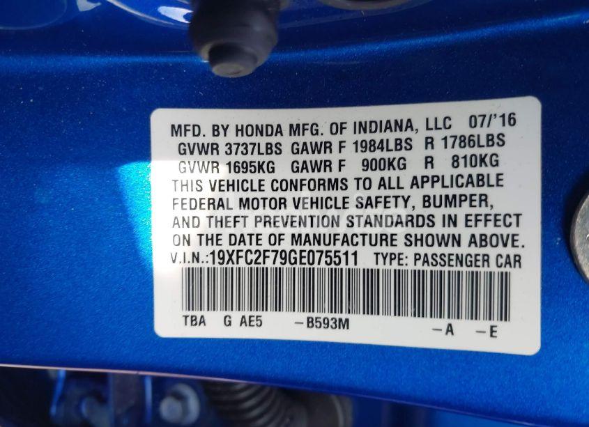 Photo 9 of 2016 Honda Civic EX (VIN 19XFC2F79GE075511)