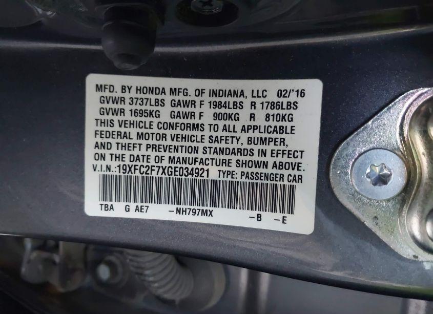 Photo 9 of 2016 Honda Civic EX (VIN 19XFC2F7XGE034921)