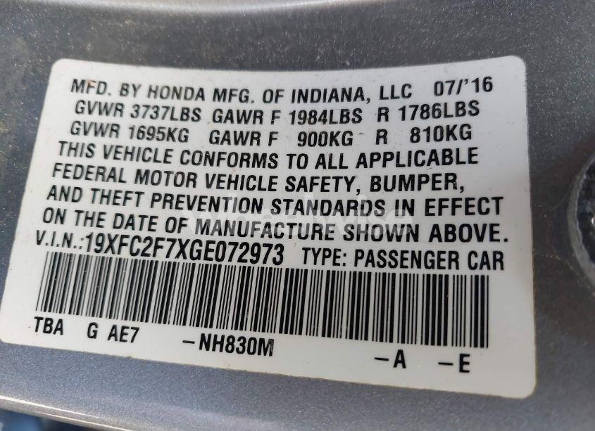 Photo 9 of 2016 Honda Civic EX (VIN 19XFC2F7XGE072973)