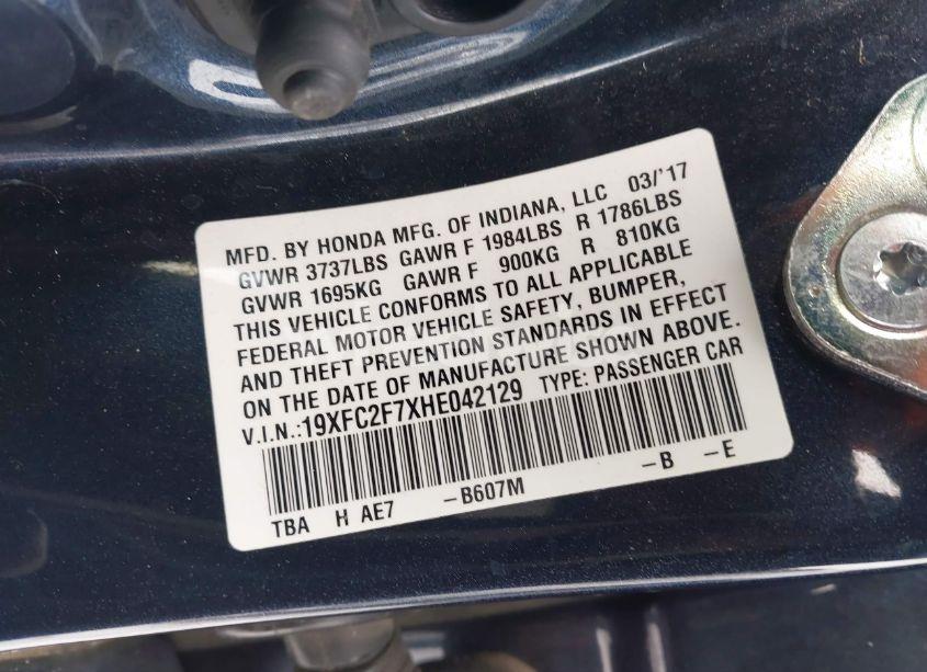 Photo 9 of 2017 Honda Civic EX (VIN 19XFC2F7XHE042129)