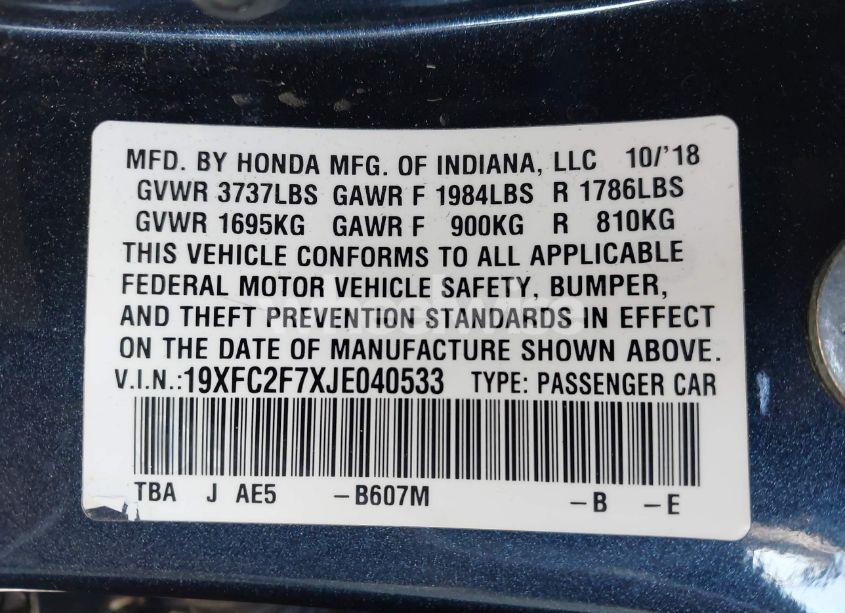 Photo 9 of 2018 Honda Civic EX (VIN 19XFC2F7XJE040533)