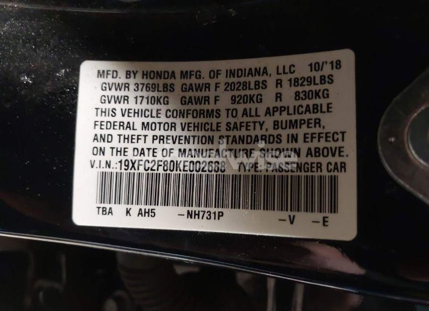 Photo 9 of 2019 Honda Civic SPORT (VIN 19XFC2F80KE002688)