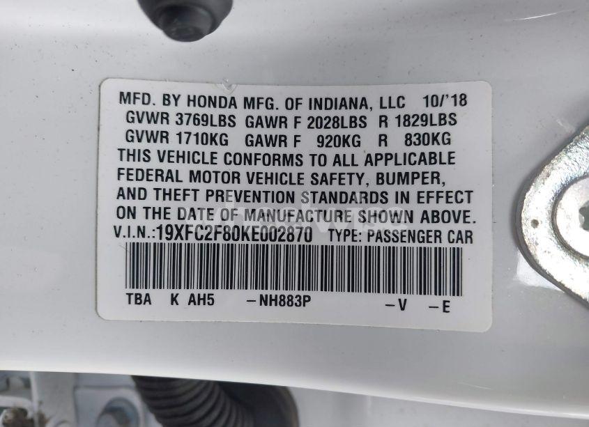 Photo 9 of 2019 Honda Civic SPORT (VIN 19XFC2F80KE002870)