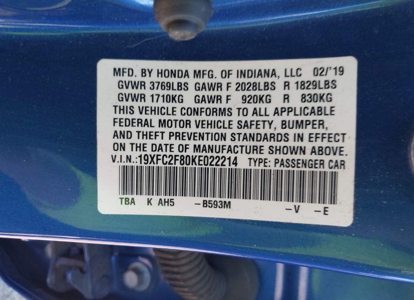 Photo 9 of 2019 Honda Civic SPORT (VIN 19XFC2F80KE022214)