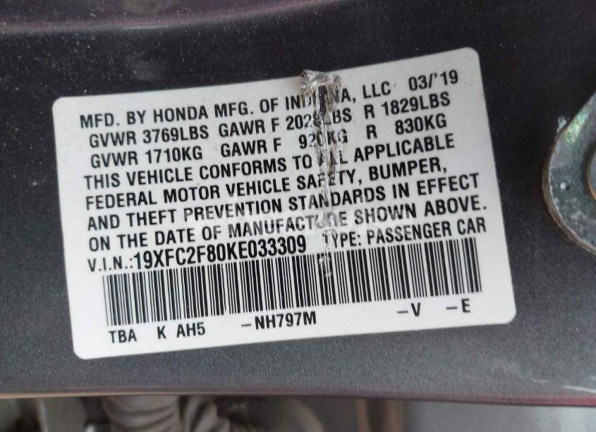 Photo 9 of 2019 Honda Civic SPORT (VIN 19XFC2F80KE033309)