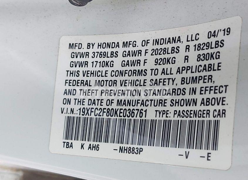 Photo 9 of 2019 Honda Civic SPORT (VIN 19XFC2F80KE036761)