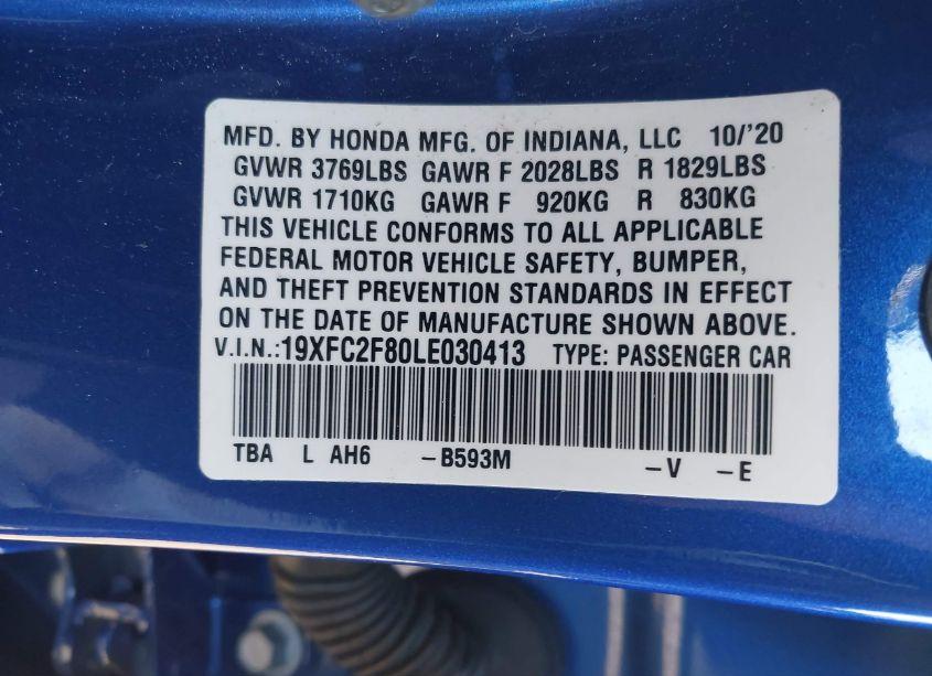 Photo 9 of 2020 Honda Civic SPORT (VIN 19XFC2F80LE030413)