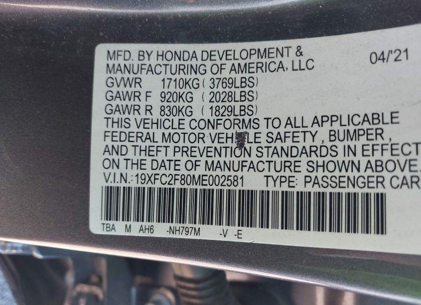 Photo 9 of 2021 Honda Civic SPORT (VIN 19XFC2F80ME002581)