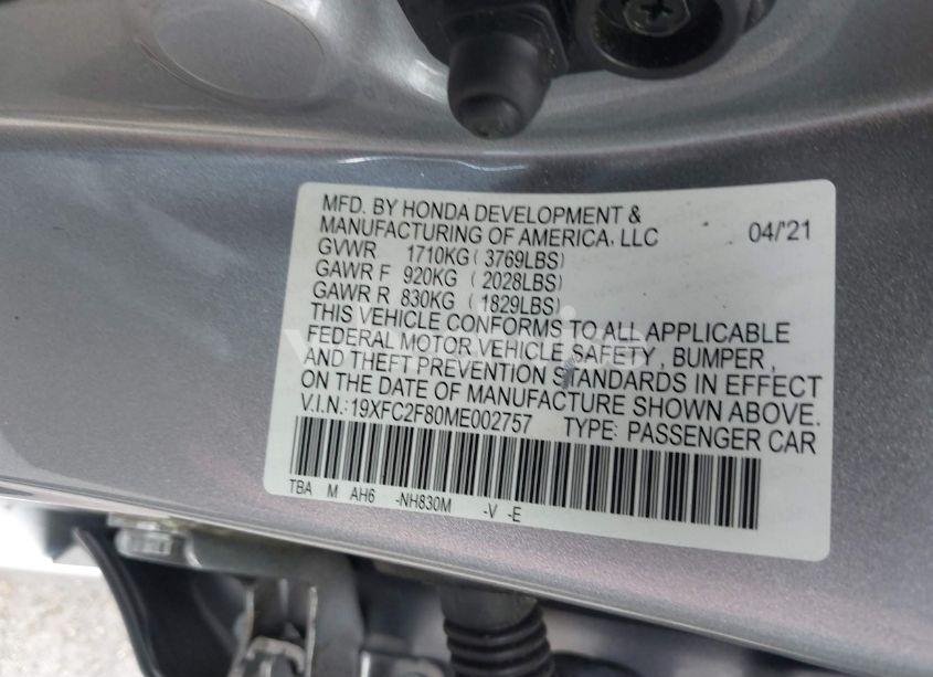 Photo 9 of 2021 Honda Civic SPORT (VIN 19XFC2F80ME002757)