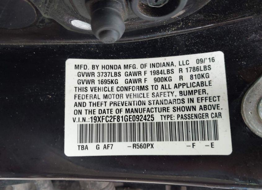 Photo 9 of 2016 Honda Civic EX (VIN 19XFC2F81GE092425)