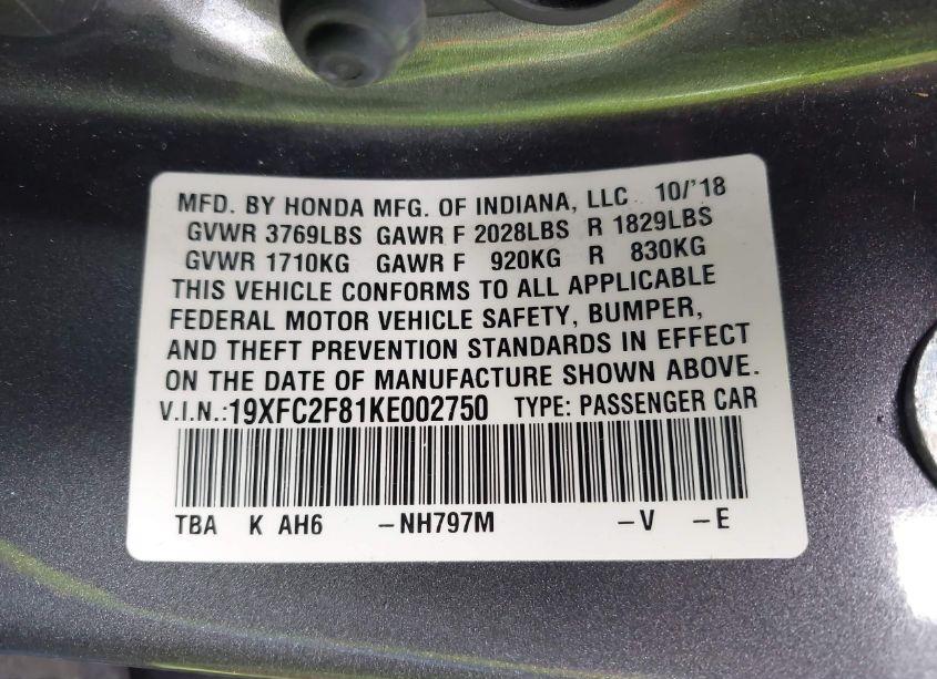 Photo 9 of 2019 Honda Civic SPORT (VIN 19XFC2F81KE002750)
