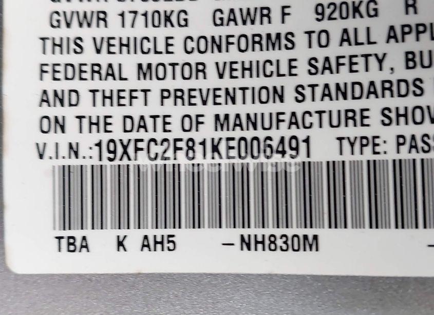 Photo 9 of 2019 Honda Civic SPORT (VIN 19XFC2F81KE006491)
