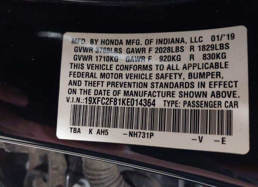 Photo 9 of 2019 Honda Civic SPORT (VIN 19XFC2F81KE014364)