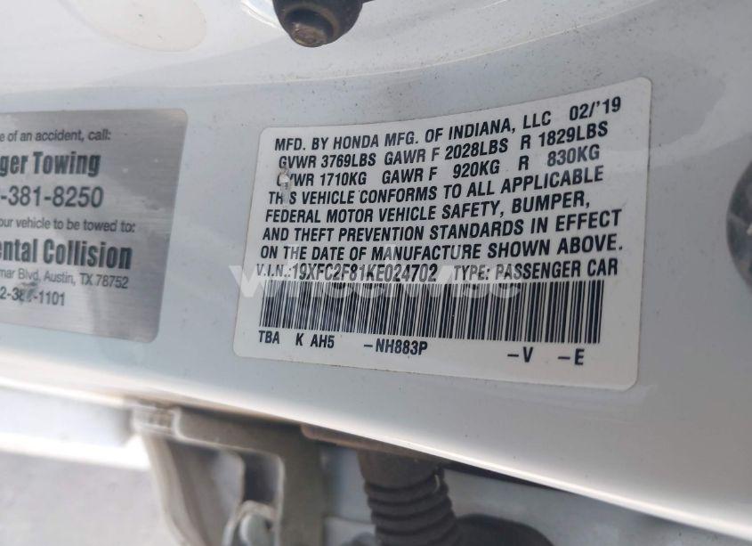 Photo 9 of 2019 Honda Civic SPORT (VIN 19XFC2F81KE024702)