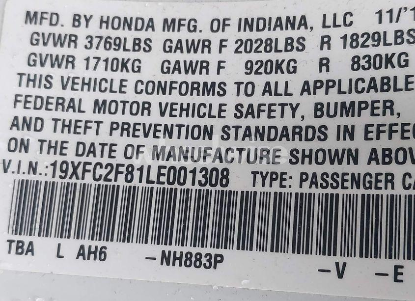 Photo 9 of 2020 Honda Civic SPORT (VIN 19XFC2F81LE001308)