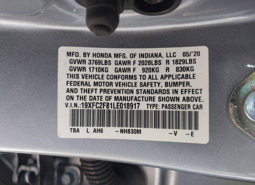 Photo 9 of 2020 Honda Civic SPORT (VIN 19XFC2F81LE018917)