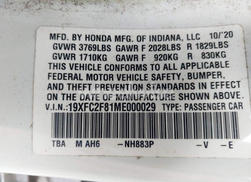 Photo 9 of 2021 Honda Civic SPORT (VIN 19XFC2F81ME000029)