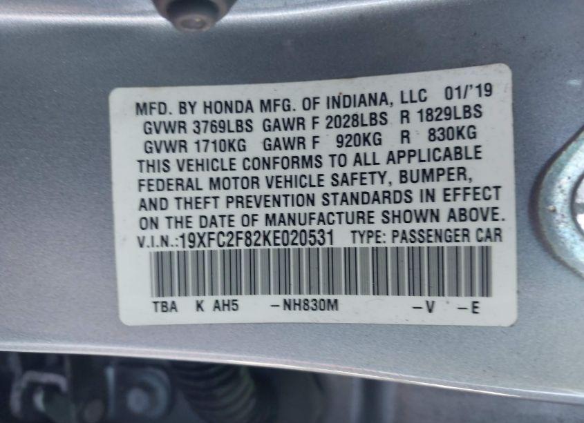 Photo 9 of 2019 Honda Civic SPORT (VIN 19XFC2F82KE020531)