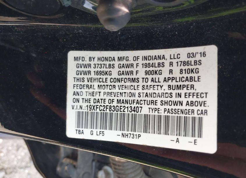 Photo 9 of 2016 Honda Civic EX (VIN 19XFC2F83GE213407)