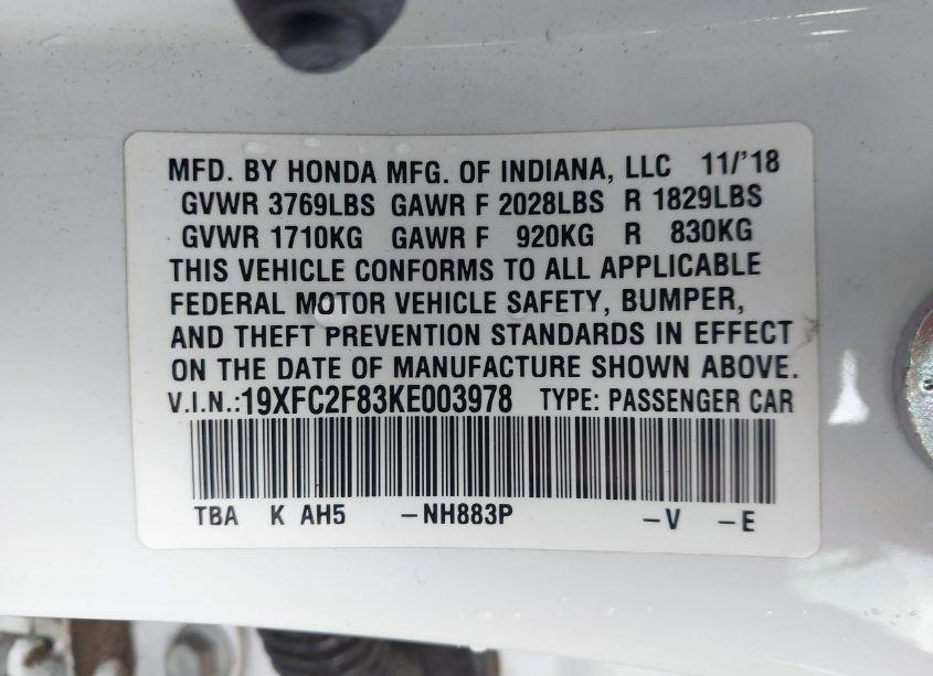 Photo 9 of 2019 Honda Civic SPORT (VIN 19XFC2F83KE003978)