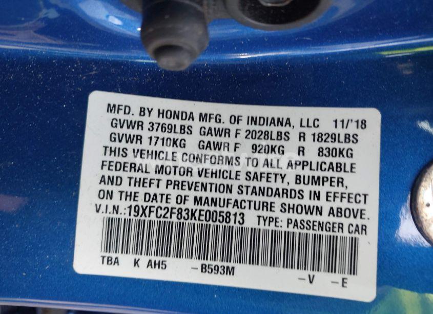 Photo 9 of 2019 Honda Civic SPORT (VIN 19XFC2F83KE005813)