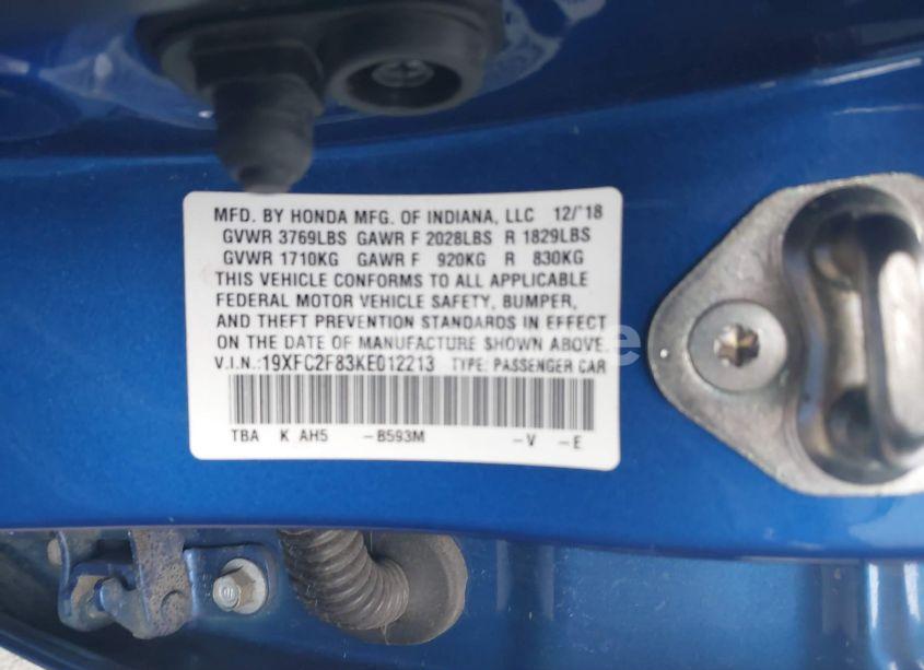 Photo 9 of 2019 Honda Civic SPORT (VIN 19XFC2F83KE012213)