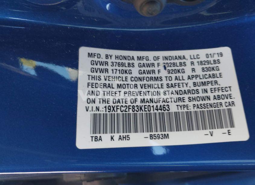 Photo 9 of 2019 Honda Civic SPORT (VIN 19XFC2F83KE014463)