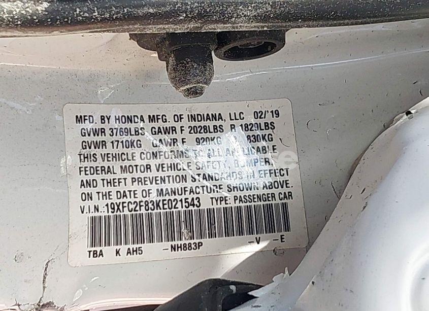 Photo 9 of 2019 Honda Civic SPORT (VIN 19XFC2F83KE021543)