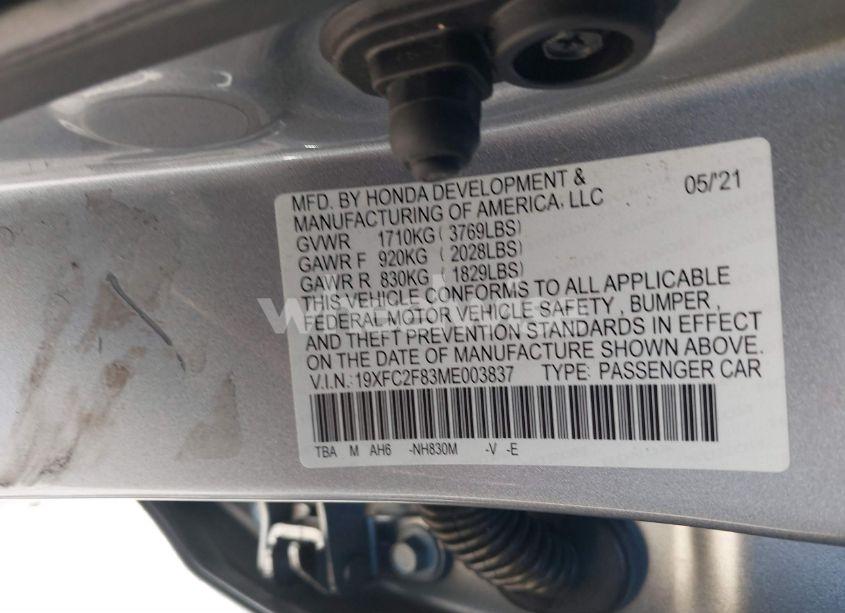 Photo 9 of 2021 Honda Civic SPORT (VIN 19XFC2F83ME003837)