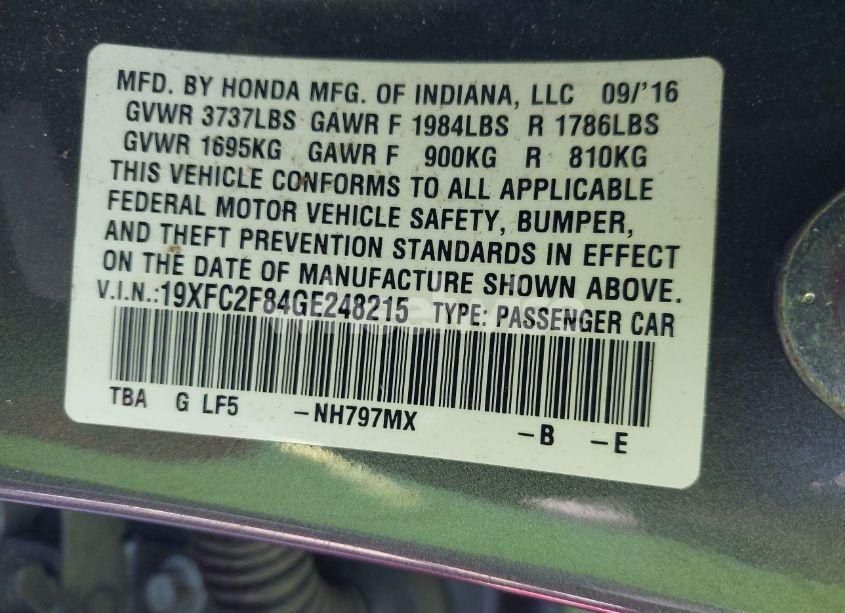 Photo 9 of 2016 Honda Civic EX (VIN 19XFC2F84GE248215)