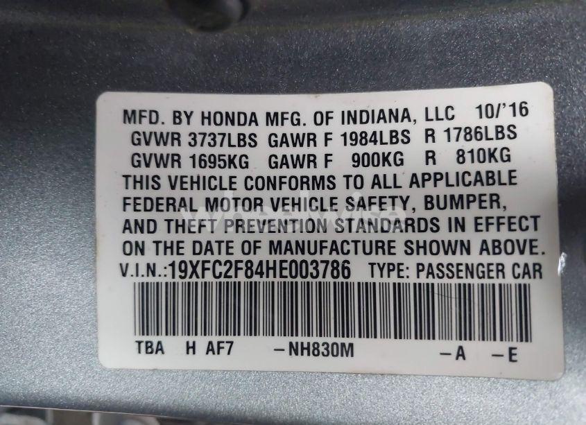 Photo 9 of 2017 Honda Civic EX (VIN 19XFC2F84HE003786)