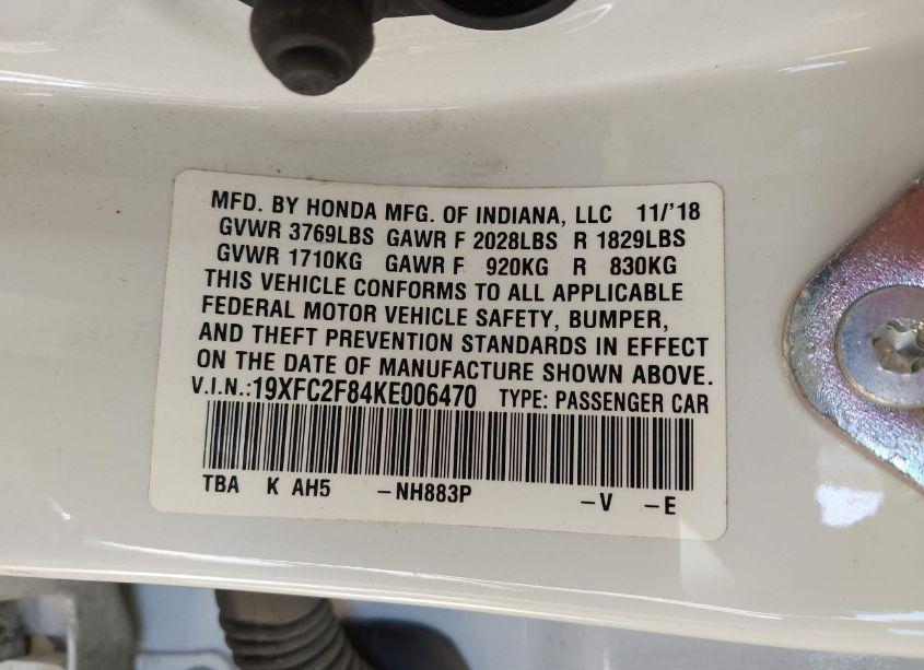 Photo 9 of 2019 Honda Civic SPORT (VIN 19XFC2F84KE006470)