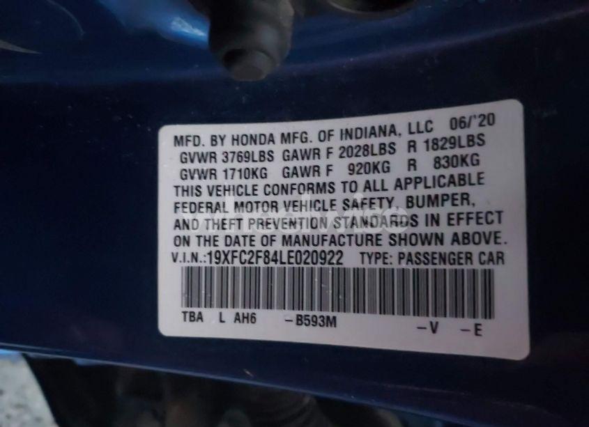 Photo 9 of 2020 Honda Civic SPORT (VIN 19XFC2F84LE020922)