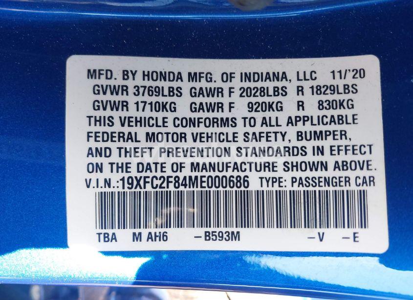Photo 9 of 2021 Honda Civic SPORT (VIN 19XFC2F84ME000686)